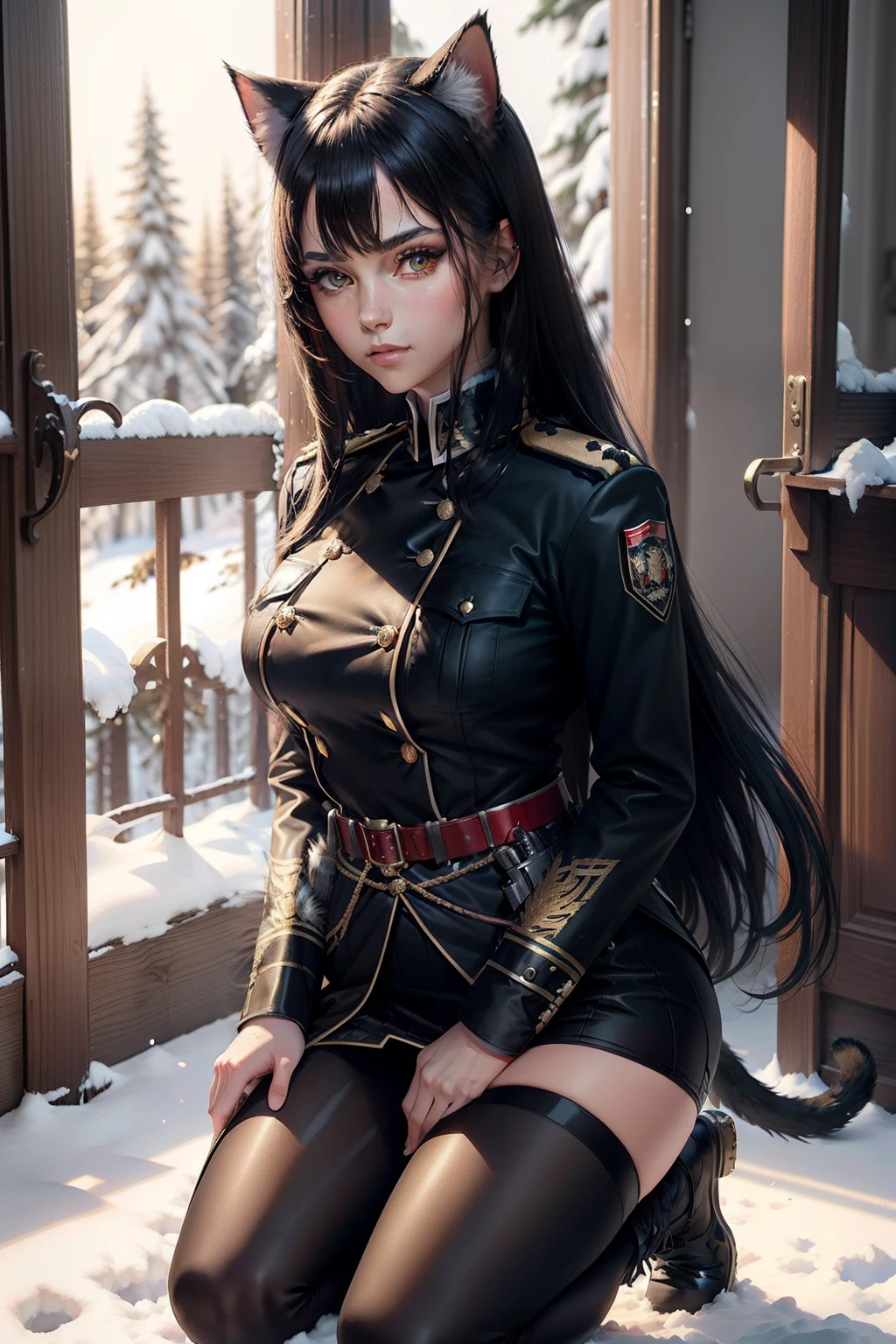 forêt enneigée, cheveux noirs, oreilles de chat, fille chat,  les yeux rouges, a genou,  uniforme d&#39;officier, , Allemagne, Black uniforme d&#39;officier