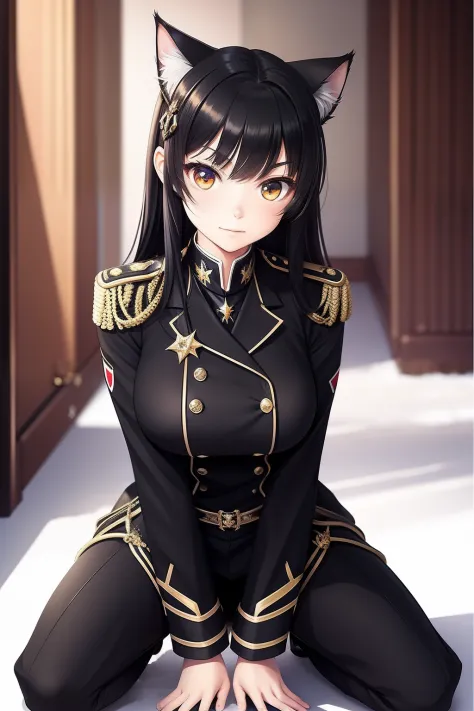 Snowy forest, Black hair, Cat ears, Cat girl,  Red eyes, Kneeling,  officer uniform, , Germany, Black officer uniform