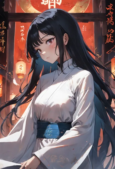 A beautiful girl with long black hair，Wear a white turtleneck nightdress，Being in the room，Fainted in the arms of the man in white，With his eyes closed，Eerie light，Dark night，high high quality，fog atmosphere，(Chinese folk suspense supernatural comic book s...