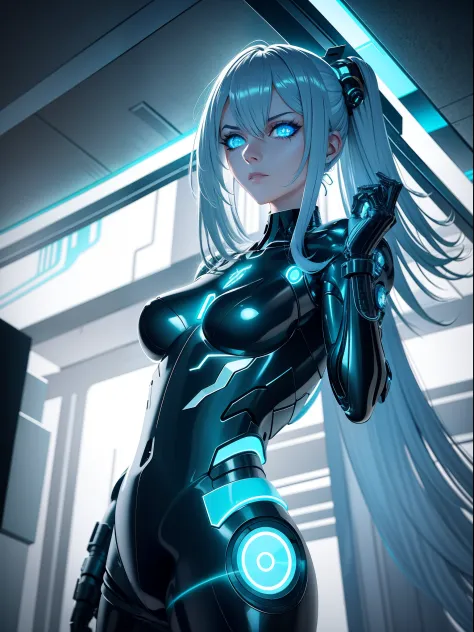 "Cyborg girl with metallic features, glowing blue eyes, and futuristic attire, in a dystopian cityscape at night. Add a sense of mystery and intrigue with a dark color palette, neon lights, and cyberpunk elements. Emphasize the contrast between technology ...