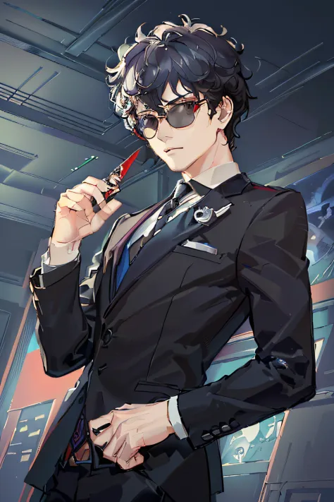 Anime characters wear suits and ties，holding dagger, handsome guy in demon killer art, persona 5 art style wlop, official character art, epic and classy portrait, highly detailed exquisite fanart, trigger anime artstyle, high detailed official artwork, off...