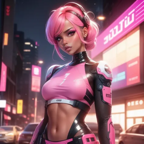 A cyborg beauty girl, pink theme, wearing a trouser, brown skin