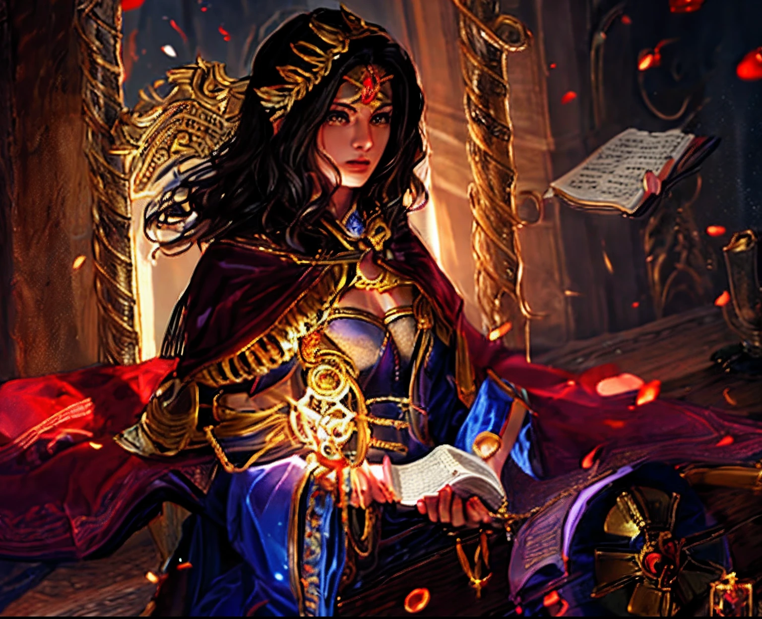 Imagen de una mujer con una espada y un libro, Maya Ali como D&D Hechicero, Dark fantasy magician, Retrato de una maga, Maya Ali como D&D Hechicero, Retrato de un mago, Retrato de una hechicera, Magic The Sorceress Gathering, Maga femenina conjurando un hechizo, Manos perfectas, cara perfecta