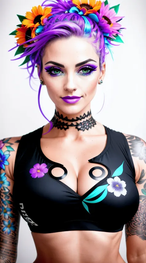 photography of a beautiful monster woman with flowers in her hair. ,close up , head shot. blinking ,smilling, deep cleavage ,wearearing an athletic top , punk woman . slim, (small breasts),