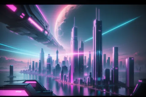 "Create a photorealistic hyperrealistic futuristic cityscape with a synthwave aesthetic."