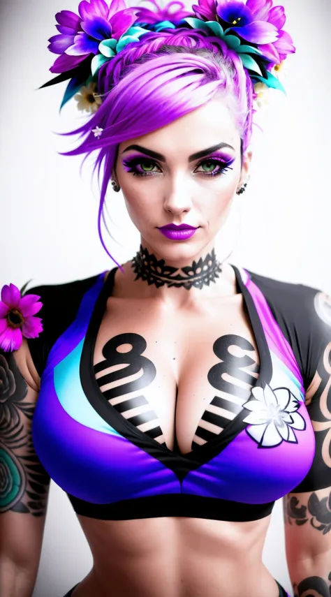 photography of a beautiful monster woman with flowers in her hair.shot from a dutch angle ,close up , headshot. deep cleavage ,wearearing an athletic top , punk woman . blury background. slim, (small breasts),