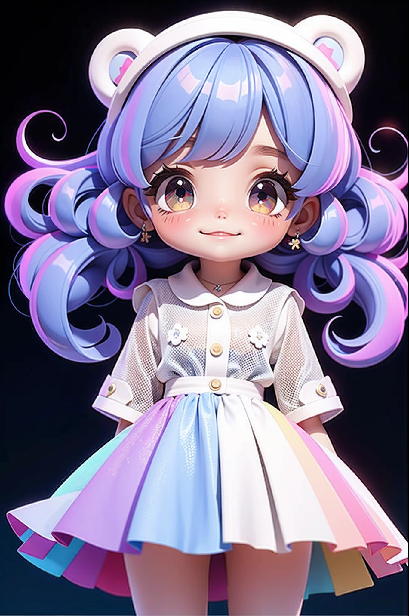 Loli Menina, olhos delicados e definidos, sorriso delicado e definido, opalescente, Perolescente, Holographic,  fundo escuro