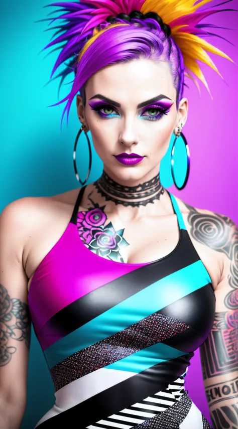 photography of a beautiful monster woman .shot from a dutch angle ,close up , headshot. ,vibrant colors ,wearearing a modern full body dress, punk woman . blury background. slim, (small breasts),