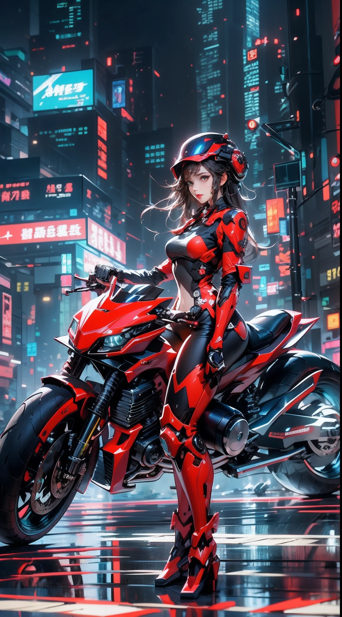 Highest image quality, outstanding detail, ultra-high resolution, (fidelity: 1.4), best illustration, favor details, highly condensed 1girl, with a delicate and beautiful face, dressed in black and red mecha, wearing a mecha helmet, holding a direction controller, riding on a motorcycle, the background is a high-tech lighting scene of the future city.