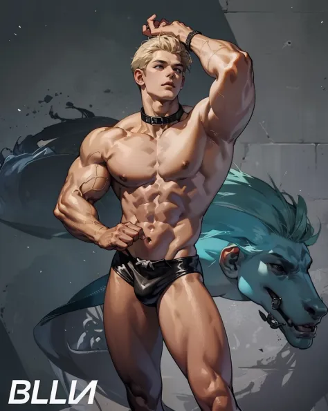 1male people, musculature, Handsome, ((nakeness)), Naked, blond hairbl, Shen Yu, Bust, Best quality at best, tmasterpiece, Perfect body proportion, Correct anatomy, Bad laughs, 耳Nipple Ring, Collar, 2D, Dutch angle, Cowboy shot, High details, Masterpiece