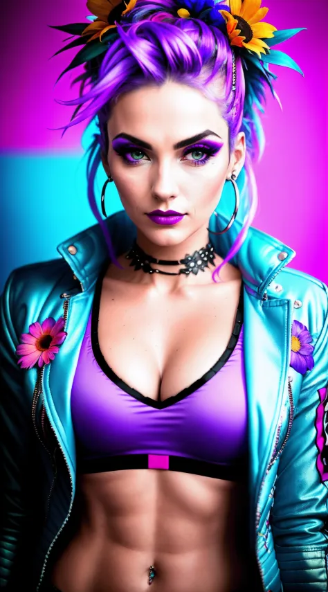 photography of a beautiful monster woman with flowers in her hair.shot from a dutch angle ,close up , headshot. wearearing a modern jacket,blue-purple-red colors, punk woman . blury background. slim, (small breasts),