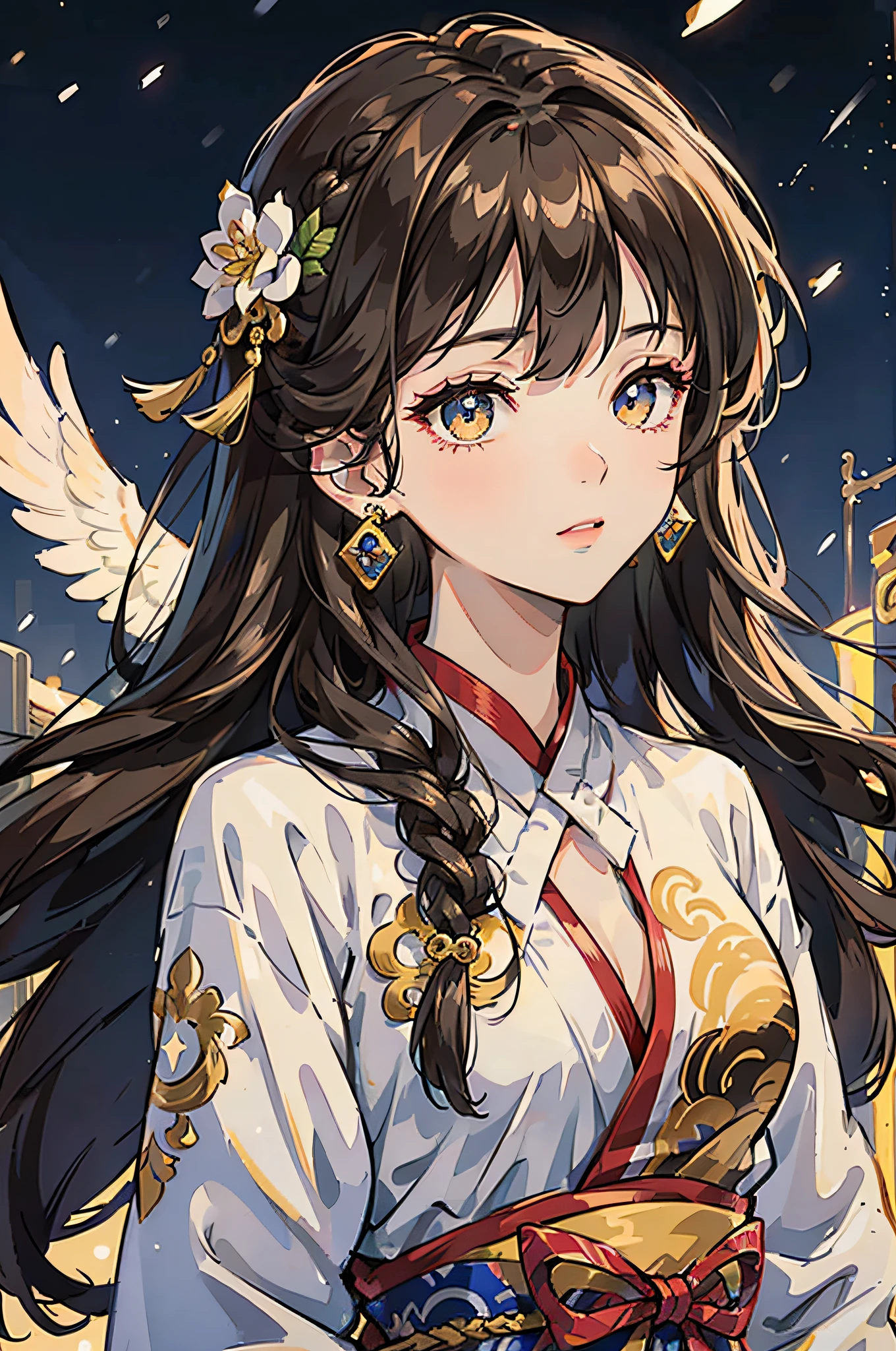 Mature girl , long dark brown hair, long dark brown hair, braid on the left side of hair, floating hair, golden eyes, golden eyes, delicate and smart eyes, starry pupils, intricate damask hanfu, gorgeous accessories, wearing tassel earrings, FOV, f1.8, masterpiece, complex scene, snowflakes flying, front portrait shot, Chang'e, snowing night, night