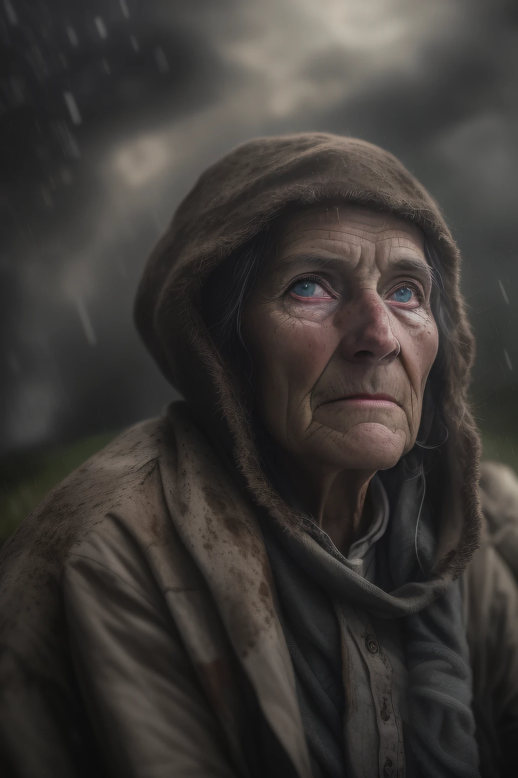 (Scharfer Fokus:1.2), An award-winning photo of an old farmer, Wassertropfen, Thunderstorms outside, Lightning Hintergrundbeleuchtung, , Linien im Gesicht, Runzeln, Extrem detaillierter Skin, Traurigkeit, Hoffnungslosigkeit ,cloudy eyes, (Tiefe Schatten:1.1), Hoher Kontrast, gorgeous eyes, absurdres, 8K, (High quality:1.3), , ArtStation HD, Konzeptzeichnung, detailed face and body, award-winning photography, (Stimmungsvolle Beleuchtung:1.2), Depth of field, bokeh, 4K, HDR