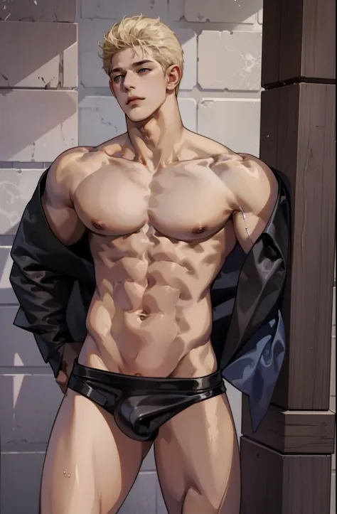 1male people, musculature, Handsome, ((nakeness)), Naked, blond hairbl, Shen Yu, Bust, Best quality at best, tmasterpiece, Perfect body proportion, Correct anatomy, Bad laughs, 耳Nipple Ring, Collar, 2D, Dutch angle, Cowboy shot, High details, Masterpiece
