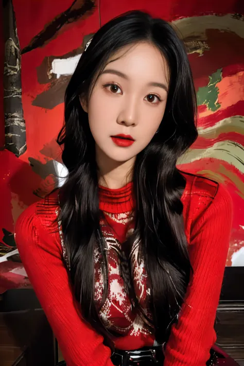 Masterpiece, Best quality, 1girll, Red background, Black hair, Long curly hair, Face front, ((Red fashion silk solitary clothing，Red swirl pattern)), ((red sweater)), Emotional face, (closeup portrait), make up, Studio light, Studio