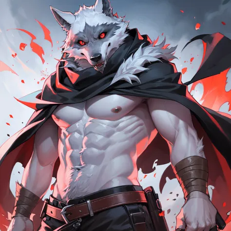 (ultimate death wolf) best quality, ultra high res,1furry boy， solo，detailed eyes, volumetric lighting, amazing, finely detail, cowboy shot, cloak , white fur, red eyes, white sclera, bright pupils, bright atmosphere, muscular, upper body, from below (remake)