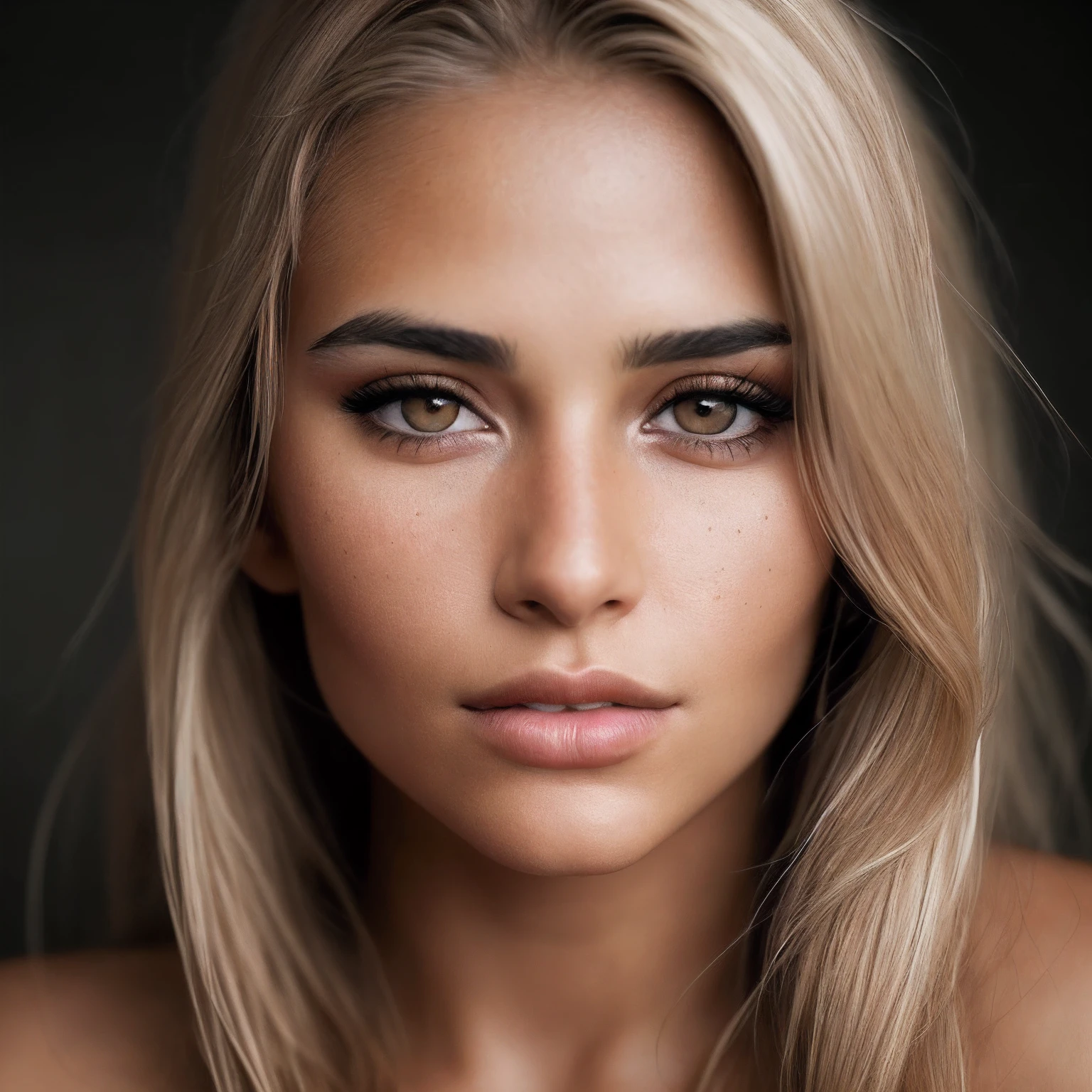 a photorealistic portrait of a stunningly beautiful tanned argentinian woman with light make-up, extremely detailed light honey eyes, detailed symmetric realistic face, extremely detailed natural texture, peach fuzz, windy long hair, masterpiece, absurdres, award winning photo by lee jeffries, nikon d850 film stock photograph, kodak portra 400 camera f1.6 lens, extremely detailed, amazing, fine detail, rich colors, hyper realistic lifelike texture, dramatic lighting, unrealengine, trending on artstation, cinestill 800 tungsten, looking at the viewer, photo realistic, RAW photo, TanvirTamim, high quality, highres, sharp focus, extremely detailed, cinematic lighting, 8k uhd,-imagine-