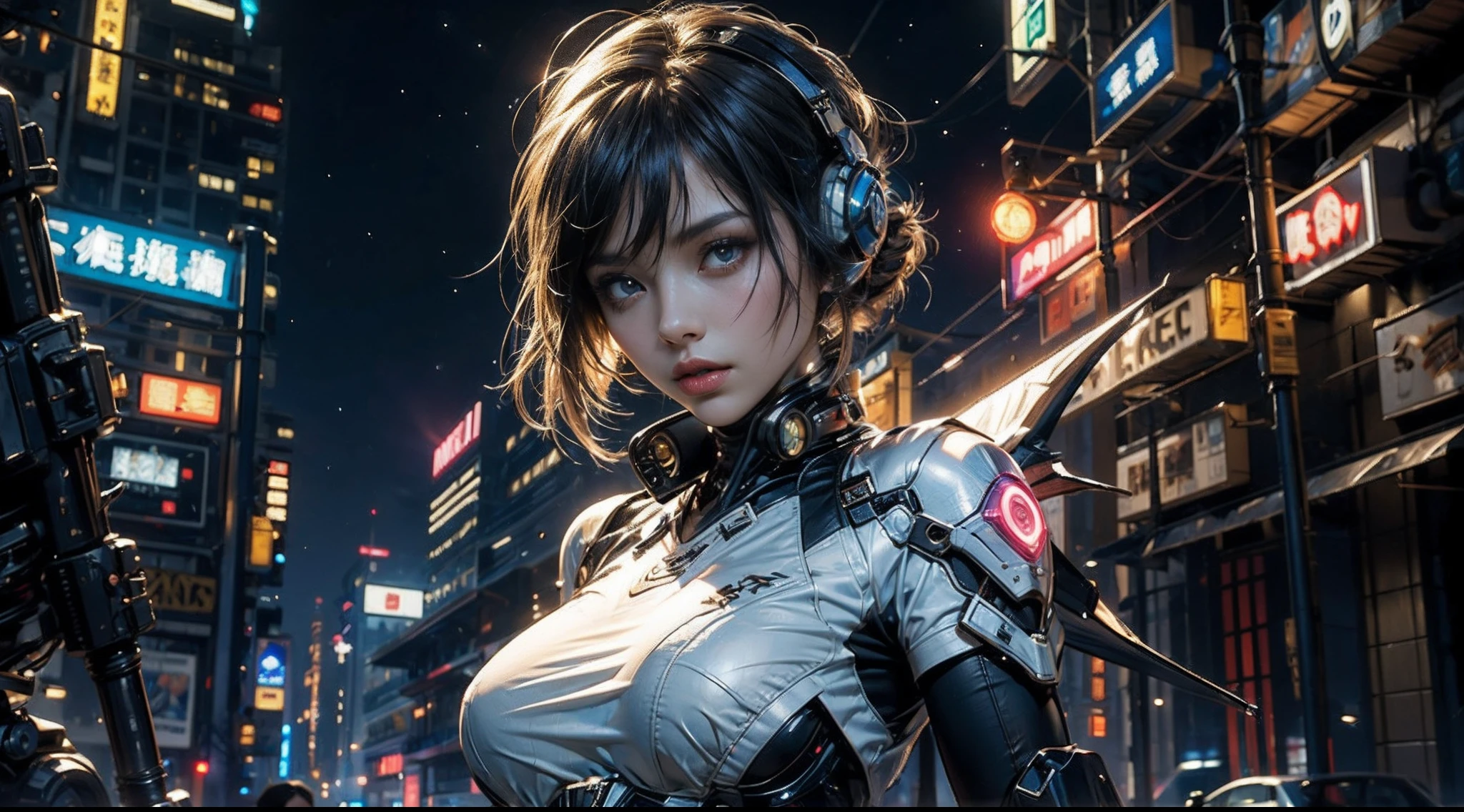 Highest image quality，Outstanding details，超高分辨率，（fidelity：1.4），The best illustration，Favor the details，Kizi，mech wings，The background is a high-tech lighting scene in the future city，Mid-range portrait，Large breasts，the night，cyber punk perssonage，fumo，volumettic light