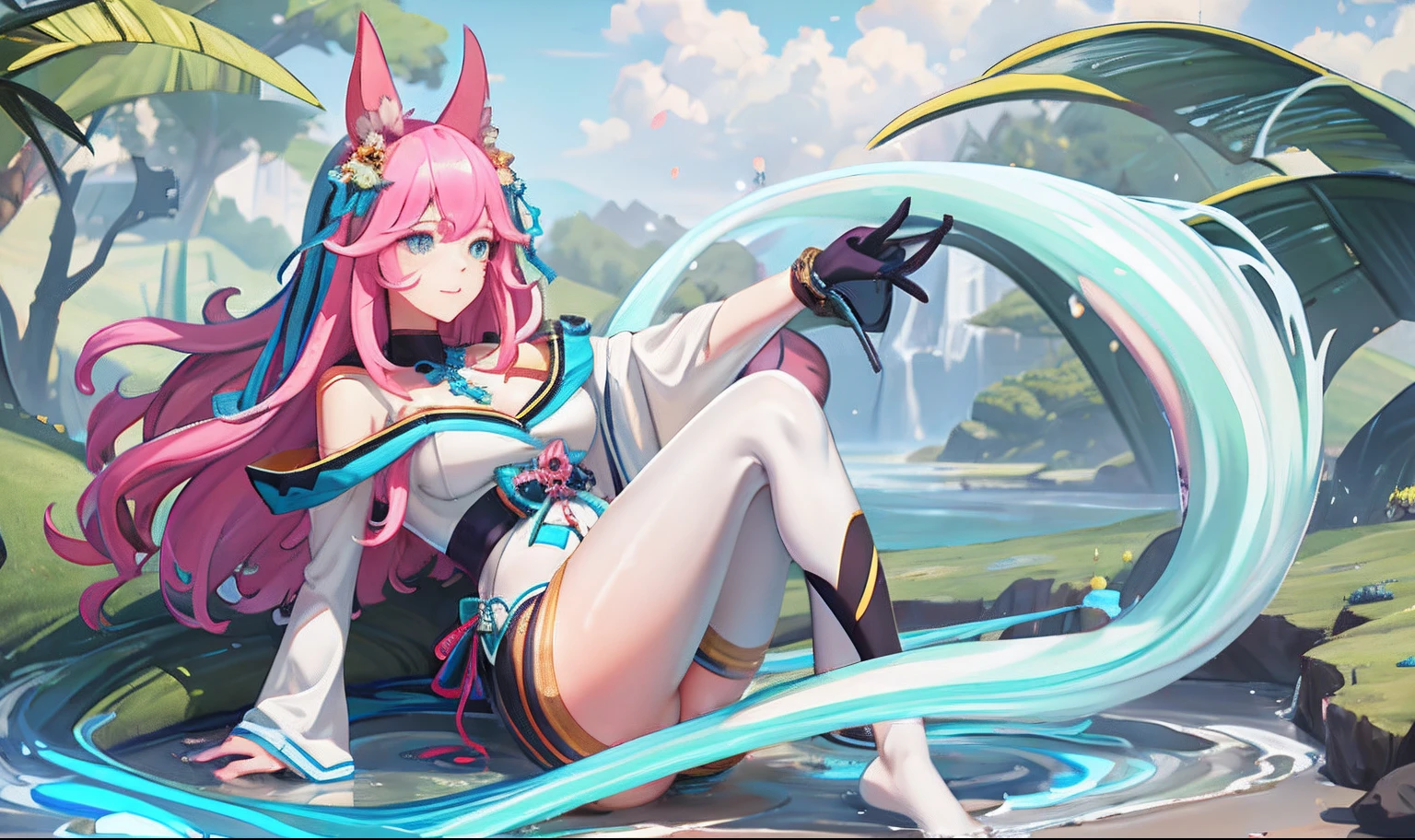 anime, girl, full body, animal ears, animal tail, extra animal ears, looking at views, long hair, multicolored hair, hair ornament, slime, double body, simple background, white background, string, silk, milk, cute, holding, large horns, high quality, height, large breasts, closed dress, closed mount, closed breast,much slime, tentacles hair, parasite, melting, egg, pregnant, horns, , cute, glowing, gloves, slime milk bag bangled on body, body upper another body, four legs, closed dress, closed suit, closed breast, closed mount, melting,much slime