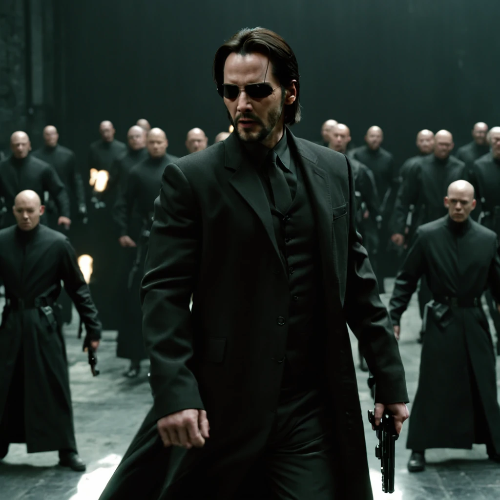 "Create a full-length cinematic HDR still shot of Keanu Reeves as Neo, engaged in an intense battle against Agent Smith, from the 1999 Matrix film. This shot should capture the iconic showdown between these two characters.

Keanu Reeves, portraying Neo, should be depicted in a dynamic and determined pose. The environment should be rendered in HDR, creating a cinematic atmosphere that enhances the visual impact of the scene.

The lighting should be dark and dramatic, with shadows and highlights that emphasize the intensity of the battle. This shot should be highly detailed, showcasing every aspect of Neo's appearance, attire, and expression in an 8K resolution.

Neo should be dressed in the iconic attire from the Matrix universe, including his trench coat and sunglasses. His expression should convey the ferocity and determination of the battle.

This digital artwork should aim for a realistic and dramatic feel, capturing the essence of the Matrix film's iconic fight scenes. The background should reflect the setting of this battle, creating a visually stunning composition.

The final image should be suitable for cinematic use, and the attention to detail should meet the highest standards for this kind of visual work, ensuring that it faithfully represents the iconic battle between Neo and Agent Smith from the Matrix film."