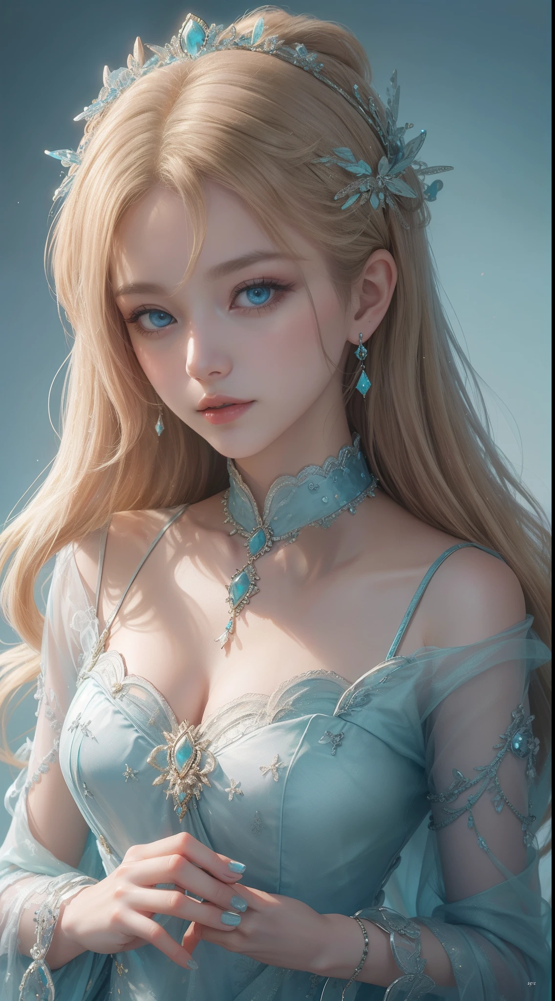 tmasterpiece，Highest image quality，Beautiful bust of royal women，Delicate blonde hairstyle，Turquoise eyes，Decorated with dazzling intricate jewelry，super detailing，upscaled。
