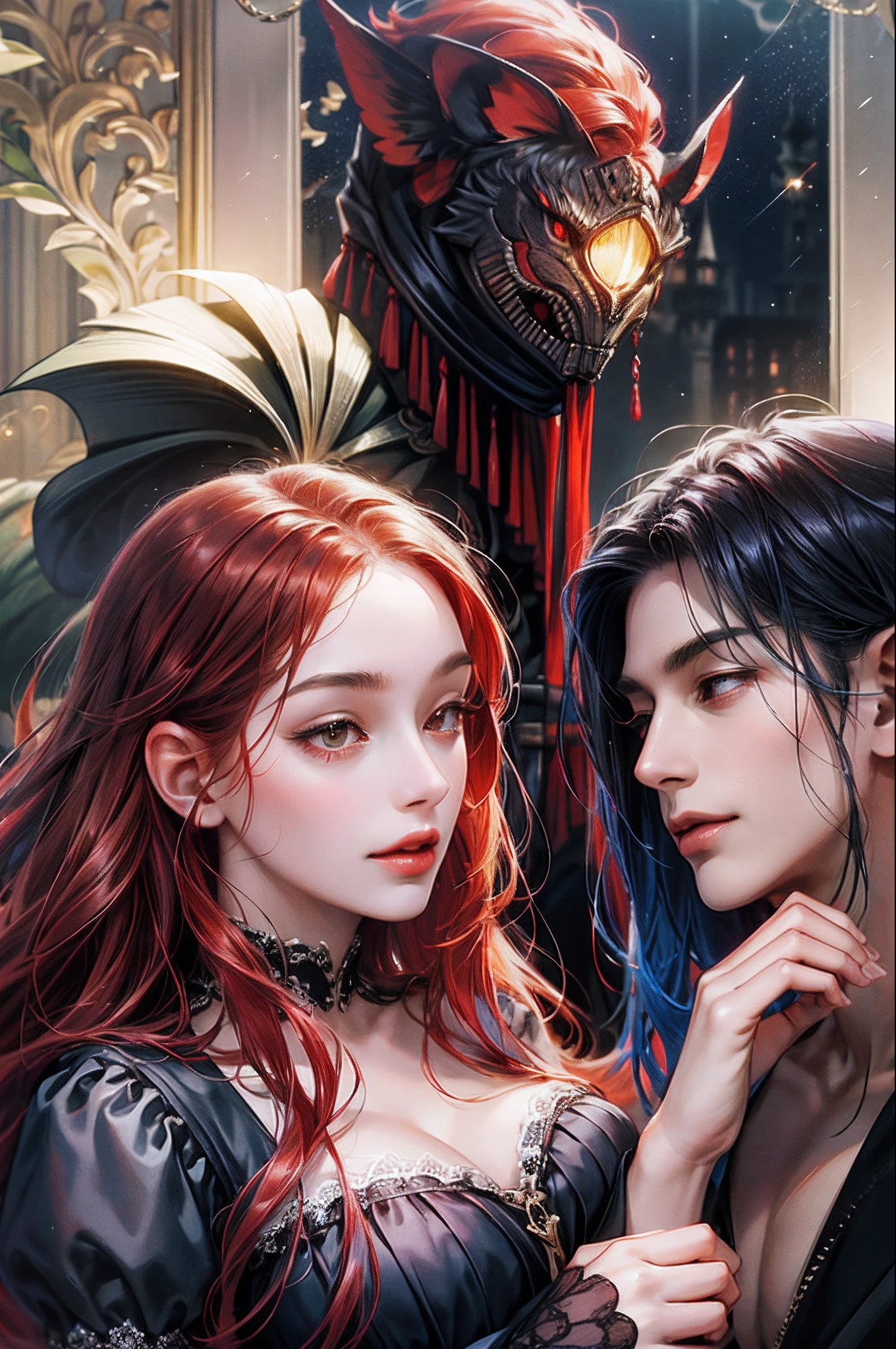 Two women in gothic costumes with red hair and a demon mask - SeaArt AI