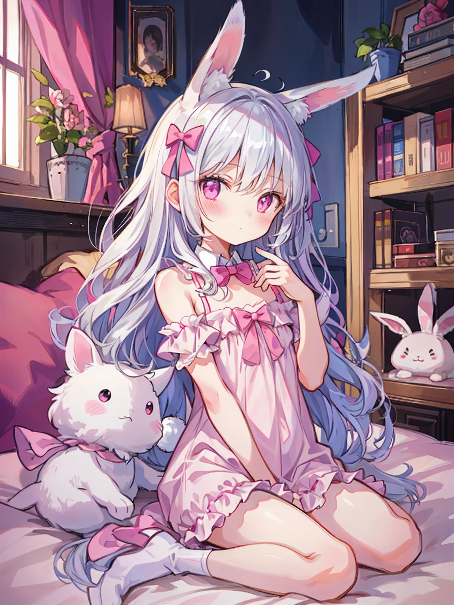 Beautiful illustrations, Best quality, Cute , Flat chest, Bedroom, pastelcolor, fluffy rabbit ears, , sliver long hair, rabbit stuffed toy, Bright lights, Light pink eyes