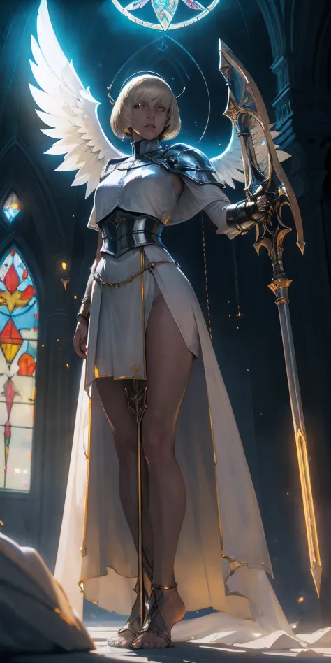 Low angle, From Bottom, Paladin Templar Joan of Arc in a white cloak, legwear, glowing yellow eyes, Clear facial features, collar, Golden chain mail, wide bare thighs, bare footed, angel wings, pauldrons, Halo, bob cut, blonde, eyes focus, red cape, Covere...