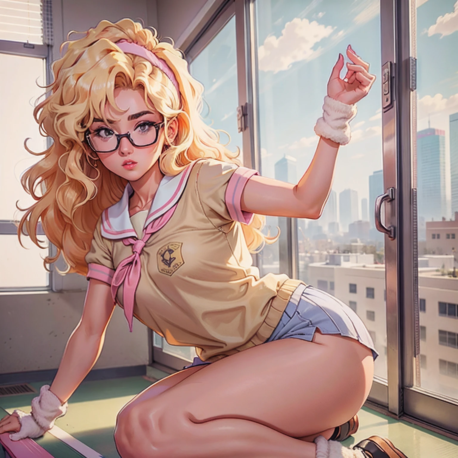 muted pastel colors, high quality images, retro anime, 1990s anime, 1980s anime, brush strokes, background is in a school hallway, city can be seen through the window of the school, Gyaru, tanned skin, sun tan, lots of blonde very curly hair, tall , 1girl, pink and beige Japanese school girl uniform, bell bottom socks, fashionable glasses , ((thick cotton leg warmers))