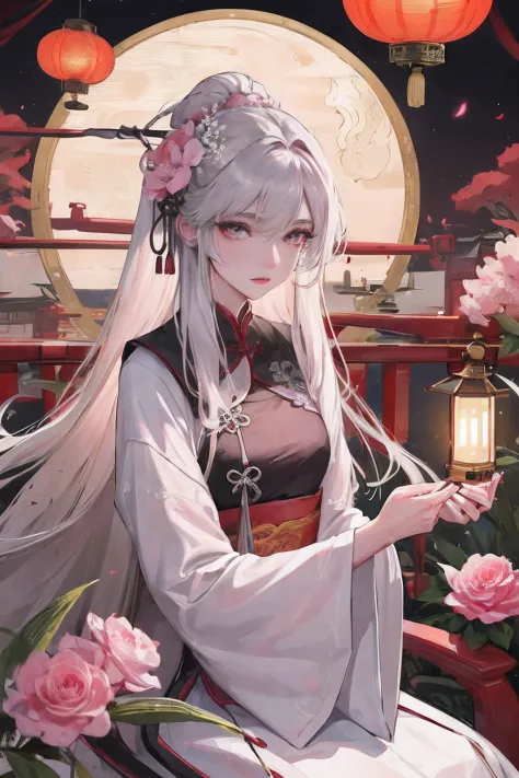Masterpiece, Best quality, Night, full moon, 1 girl, Mature woman, Chinese style, Ancient China, Sisters, Royal Sisters, Grim expression, Faceless, Silver white long haired woman, Light pink lips, calm, Intellectual, tribelt, Red pupil color, Flower lanter...