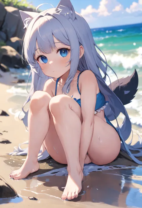 Cat-eared girl in swimsuit,Sit on the shore, Break，silber hair，eBlue eyes，(((Sleeveless)))，(((Barefoot)))，Foot soles，Expose the soles of your feet，is shy，loli in dress, small curvaceous loli, Guviz-style artwork, Guweiz in Pixiv ArtStation, Guweiz on ArtSt...