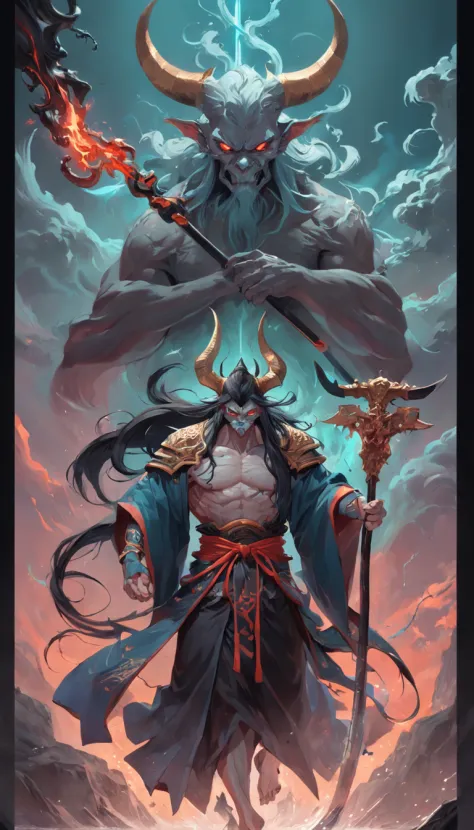 tmasterpiece，best qualtiy，超高分辨率，Detailed details，A picture of a demon with a rake，Beautiful pig-headed male Grim Reaper，详细的脸，mohrbacher，inspired by Shunkōsai Hokushū，in the artistic style of mohrbacher，asura from chinese myth、the god of chaos，Inspired by R...