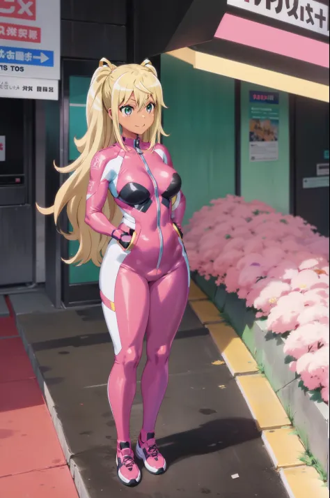 Hibiki Sakura, standing, pose,smile, curvy, medium breast, muscle girl, full body suit, full body