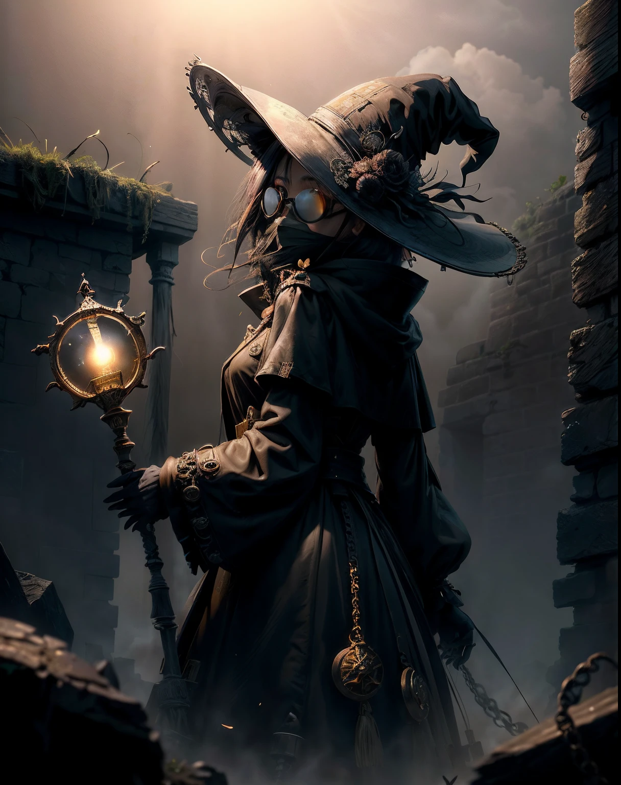 (masutepiece, Best Quality), High resolution, (8K resolution), Center, (ultra-detailliert), Mad God, Solo, Plague mask,Round lens goggles,silk hat, chain, Black veil, trench coat, beaked mask, volume illumination:1.1, darkness, (detail: 1.2), cana, Floating particles, (depth of fields), High quality, Fujifilm 85mm, Ruins, landscape, highly detailed back ground, Nightmare, 8K, Convoluted, Grip, Mysterious,Black fog, Long nails,