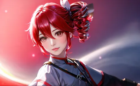 Anime girl with red hair and city bow, from arknights, Female protagonist 👀 :8, Ayaka Genshin Impact, , Glowing red eyes, Red Ey...