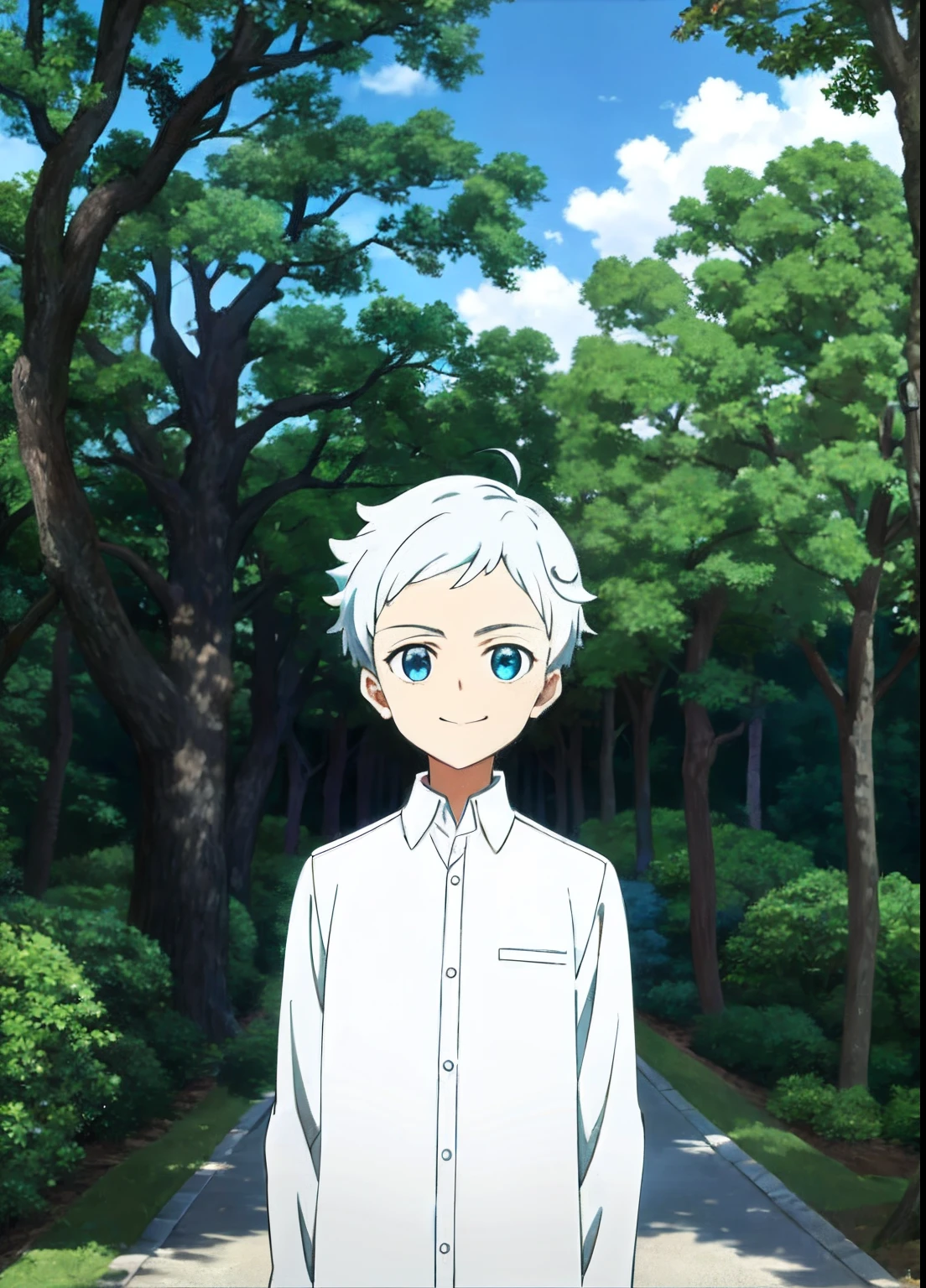 A promise of Neverland masterpieces， Best quality at best， 1boys， The shirt， blue color eyes， solo， ln the forest， white  shirt， number tattoo， naturey， short detailed hair， looking at viewert， white color hair， The tree， ssmile， ahoge， The upper part of the body， with her mouth open， exteriors， collared shir