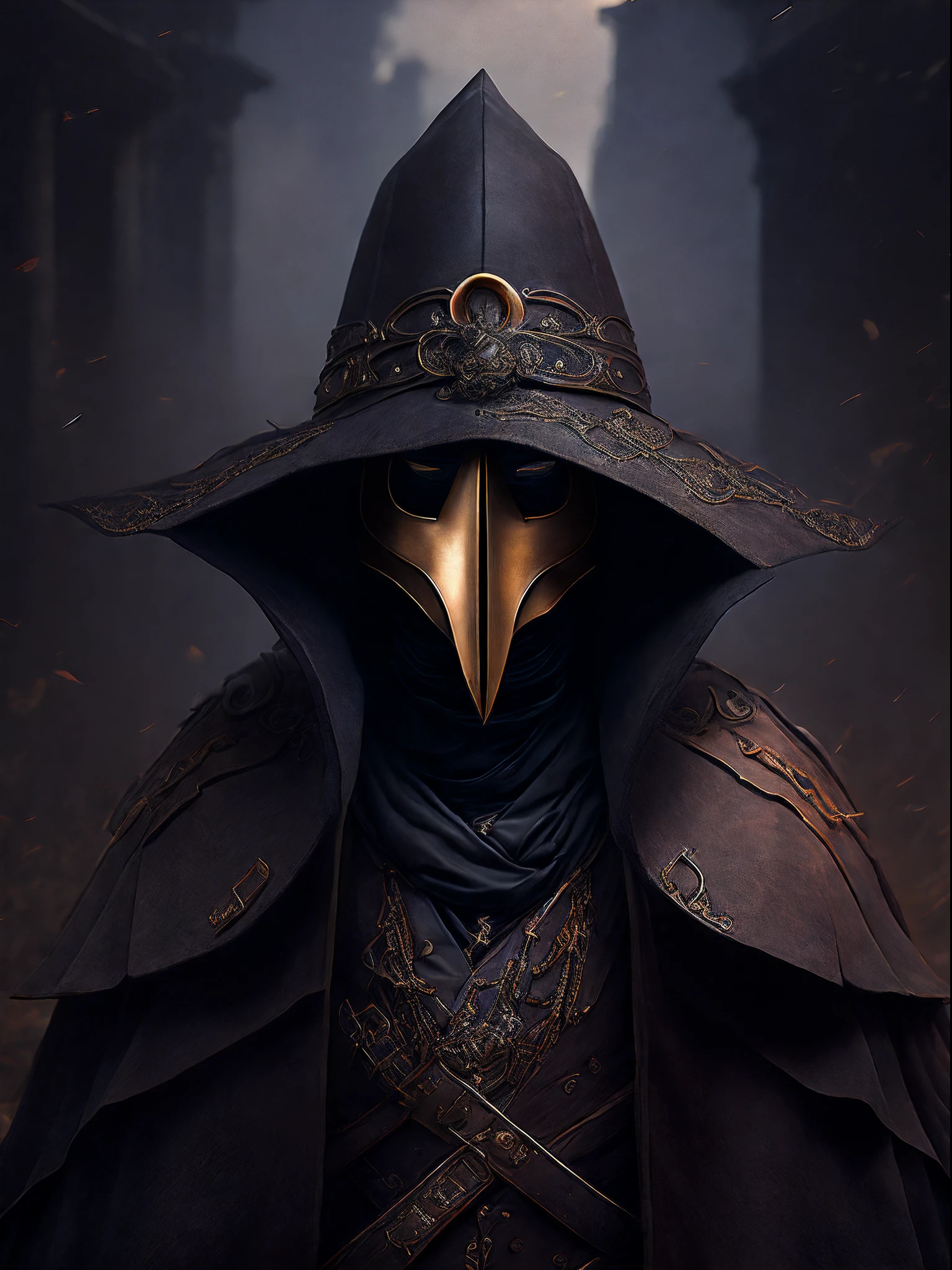 Beautiful, (masutepiece:1.2), (Best Quality:1.2), Realistic, Perfect eyes, Perfect face, Perfect Lighting, 1boy, plague doctor, hoods, Mask, Plague Doctor Mask, Faceless, cana, Evil atmosphere, skull belt,silk hat, chain, Black veil, trench coat, beaked mask, volume illumination:1.1, darkness, (detail: 1.2), cana, Floating particles, (depth of fields), High quality, Fujifilm 85mm, Ruins, landscape, highly detailed back ground, Nightmare, 8K, Convoluted, Grip, Mysterious,Black fog, Leather handbags