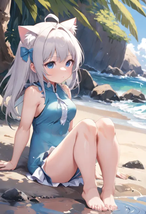 Cat-eared girl in swimsuit,Sit on the shore, Break，whaite hair，eBlue eyes，(((Sleeveless)))，(((Barefoot)))，Foot soles，Expose the soles of your feet，is shy，loli in dress, small curvaceous loli, Guviz-style artwork, Guweiz in Pixiv ArtStation, Guweiz on ArtSt...