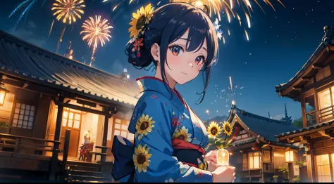 ​masterpiece、top-quality、Movie stills、1girl in、Blue kimono、Sunflower print kimono、with light glowing、Happiness、kawaii、homeliness...