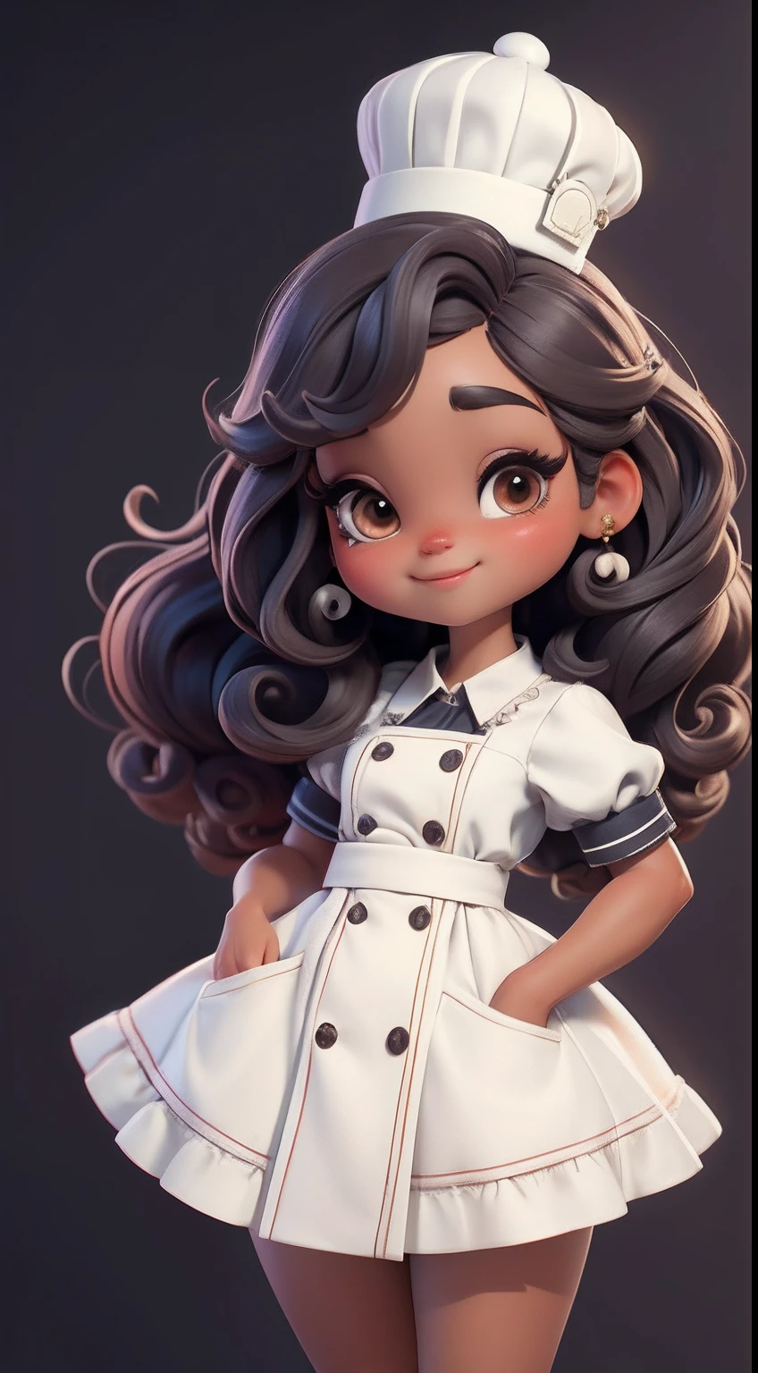 Create a series of cute baby chibi style afro dolls with a cute pastry chef theme, each with lots of detail and in an 8K resolution. All dolls should follow the same solid background pattern and be complete in the image, mostrando o (corpo inteiro, incluindo as pernas: 1.5)

Boneca Mini Chef: Chame-a de Marina. Ela deve ter cabelo pequeno em tom preto marrom. Seus olhos devem ser grandes e expressivos, with long eyelashes and rosy cheeks. Sorriso delicado e branco. Sophie deve estar vestida com uma jaqueta de chef, striped pants and an ornate chef's hat. She must hold a chocolate brigadier in her hands. Certifique-se de adicionar detalhes nas roupas, such as buttons and pockets, sapato bonito

Certifique-se de adicionar sombras, texturas e detalhes nos cabelos, roupas, confectionery utensils, to make them even more adorable and charming.