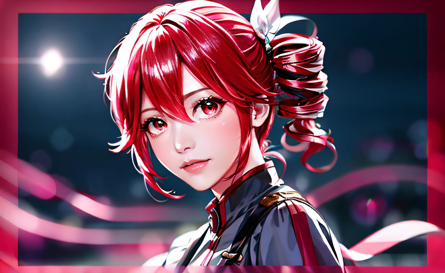 Anime girl with red hair and city bow, from arknights, Female protagonist 👀 :8, Ayaka Genshin Impact, , Glowing red eyes, Red Eyes,  Red lips, White shirt, Beautiful, trendy outfit, pirate clothing, smart, Realistic, anime eyes, Digital Painting,  CGI ART, fantasy setting, masutepiece, detaileds, 4K, Night, dark sky, Aurora, High detail lights, Cinematic Light, Combat readiness, Orange glow, hightquality,  Picture-perfect face, flawless, clean, masutepiece, (((sharp))) ((Focus)) (Instagram) (8K) masutepiece, a digital painting masterpiece, Best Quality, absurdly high resolution, [tight corset|gown], delicate tracing, loimu,Ruins, Swirling magic,  Detailed background, Moon in the sky, shiny reflection, Intricate details, Shiny hair, Lustrous skin, Smooth, Aesthetic