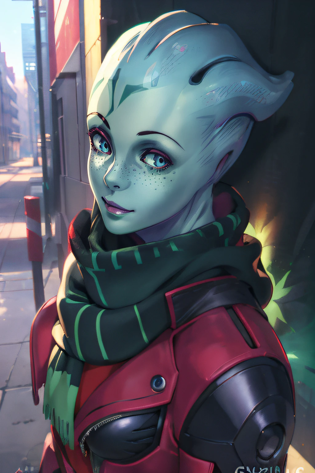 (anime), (((Asari:1.1))), (((green_skin:1.1))), beautiful face, corner smile, shy and friendly smile, Detailed lips, (((crimson lips))), blue eyes , ((Freckles)), omega symbol tattooed on forehead, (mature adult: 1.5), ((looking at camera)) |no eyebrows|