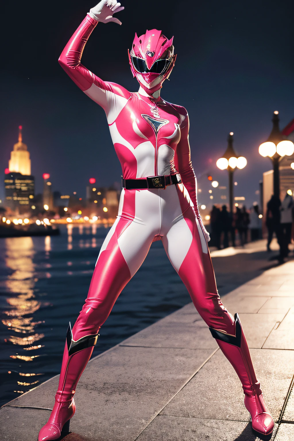 Arafed woman in pink power ranger costume posing by the water - SeaArt AI