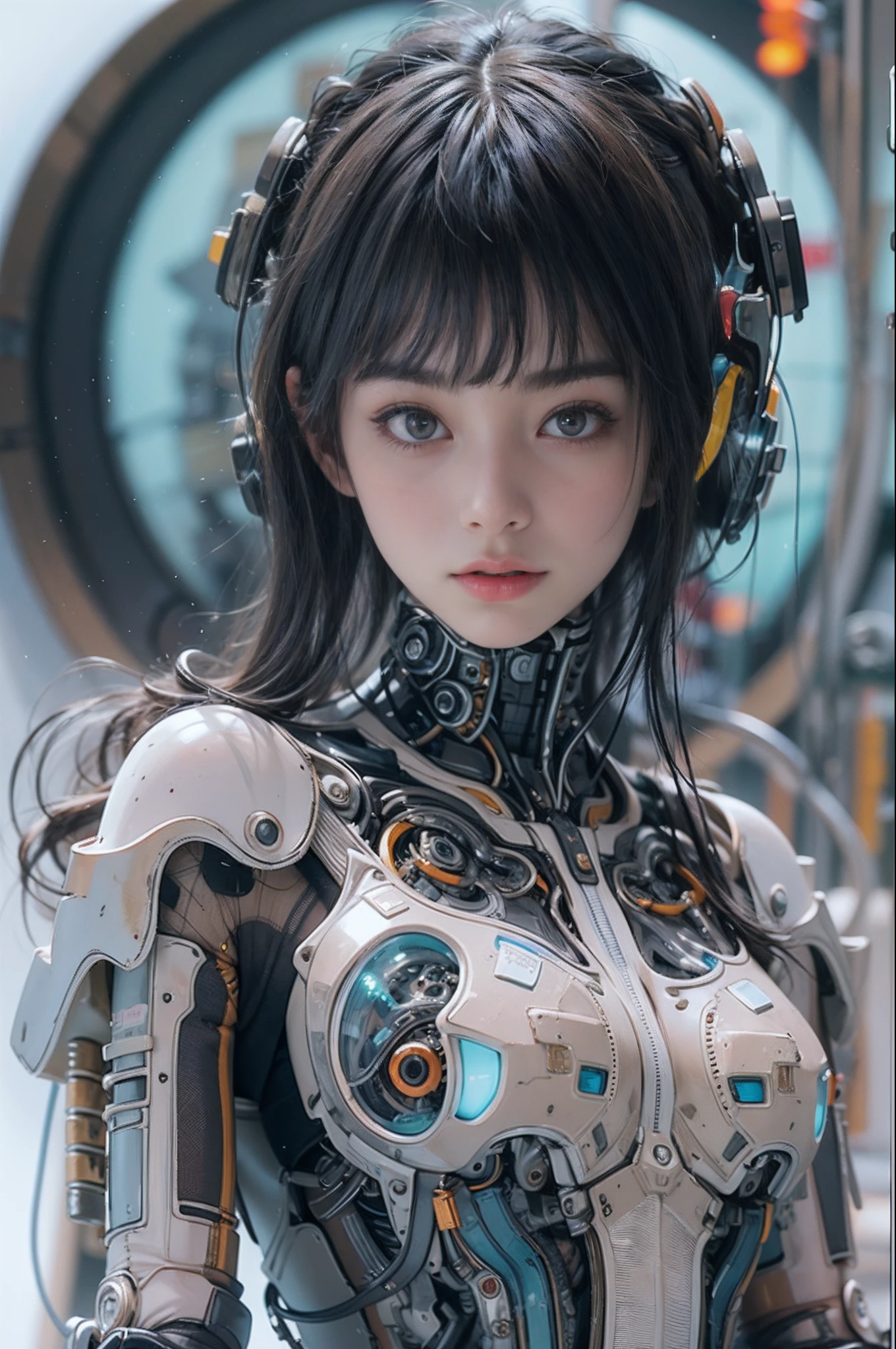 of the highest quality, masutepiece, Ultra High Resolution, ((Photorealistic: 1.4), Raw photo, 1 Cyberpunk Android Girl, Glossy skin, (super realistic details)), Mechanical limbs, Tubes connected to mechanical parts, Mechanical vertebrae attached to the spine, Mechanical cervical attachment to the neck, Wires and cables connecting to the head, Evangelion, ((Ghost in the Shell)), Small glowing LED lamp, global lighting, Deep Shadows, Octane Rendering, 8K, ultrasharp, Metal, Intricate decoration details, Baroque style details, high intricate detailed, Realistic light, Trends in CG, Facing the camera, neon details, (android factory on background), Art by H.r. Giger and Alphonse Mucha.  、Highly photorealistic human beings、Perfectly round pupils、More on the amazing pupil iris、White teenage girl、Slightly baby-faced、a small face、Very human skin feel、ﾘｱﾙAreola、ﾘｱﾙ、fissure、A 14-year-old girl、full body Esbian、7headed body、with round face、