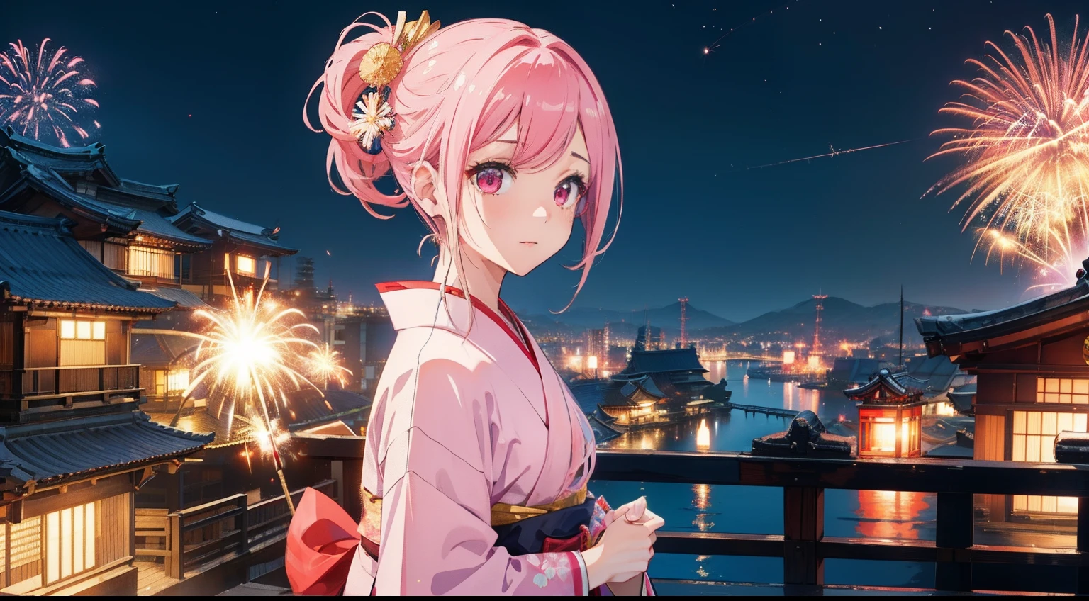 ​masterpiece、top-quality、Movie stills、1girl in、pinkhair、shorth hair、short-cut、Japanese dress、kimono、with light glowing、Happiness、kawaii、homeliness、Fantastical、Night view of fireworks（Spark：0.7）
