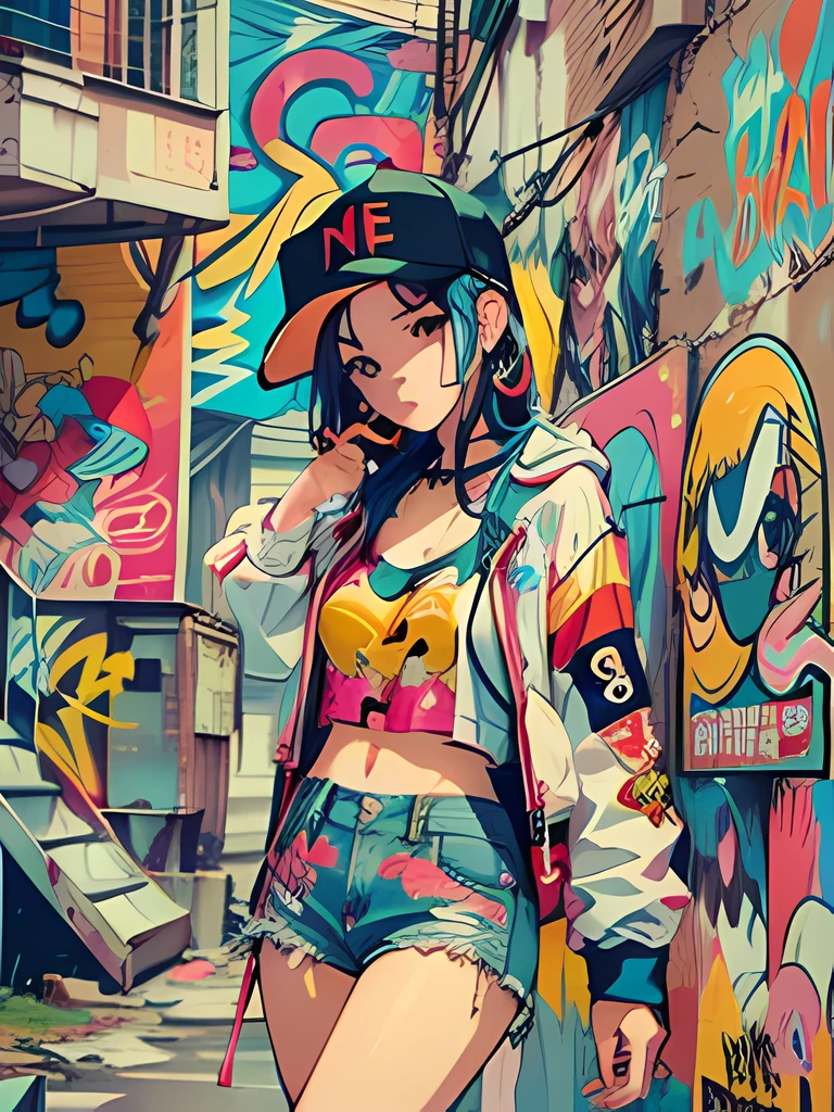 One Girl In A Back Alley、(Super Detail)、(8K)、((Hip Hop Fashion))、(full body Esbian)、(Fashion of the 90s)、(Brilliant limbs)、(Delicately drawn figures)、(Back alley decorated with graffiti)、tobacco、(Women's Fashion)、(Colorful and pop design)、(Around the back alley)、(Iconic art and posters of the 90s)、(Middle Finger)、Female facial expressions、(the pose)、(Spirit of the times)