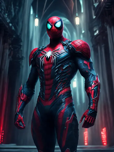 мрачный портрет Killer Spider-Man (The whole suit is covered in blood, torn suit pieces) da Marvel, with intricate and angular cybernetic implants inside a brutalist building, Gothic brutalist cathedral, Cyberpunk, Foto premiada, Bokeh, neon lights, Membro...
