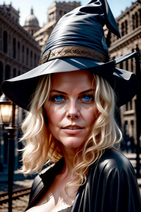 Style-Nebmagic, Style-SylvaMagic, award winning character concept art of, a cute magical witch, blue eyes, blonde hair, blurry_background,  witch hat, natural lighting, lips, looking_at_viewer, solo, from side, highly detailed 8k character concept portrait...