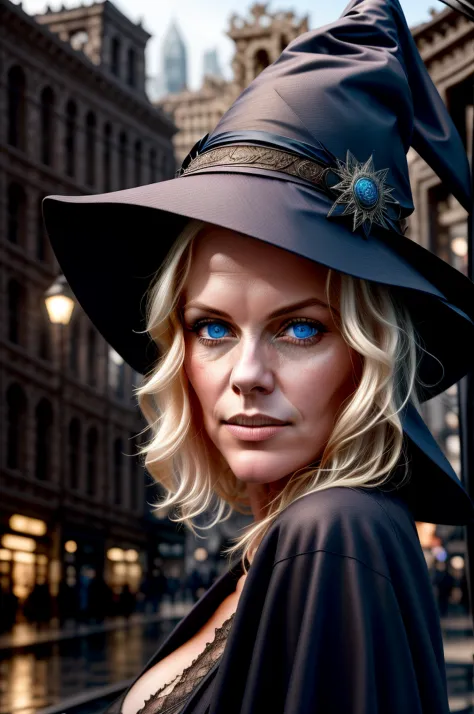 Style-Nebmagic, Style-SylvaMagic, award winning character concept art of, a cute magical witch, blue eyes, blonde hair, blurry_background,  witch hat, natural lighting, lips, looking_at_viewer, solo, from side, highly detailed 8k character concept portrait...