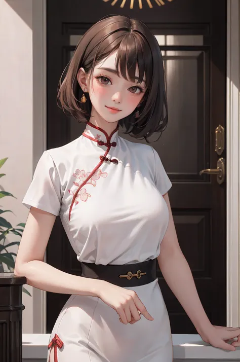 Entrance to luxury hotels(inside the house), 1 Lady Solo /(Brown medium hair/) Bangs, White cheongsam, blush gentle smile, (mast...